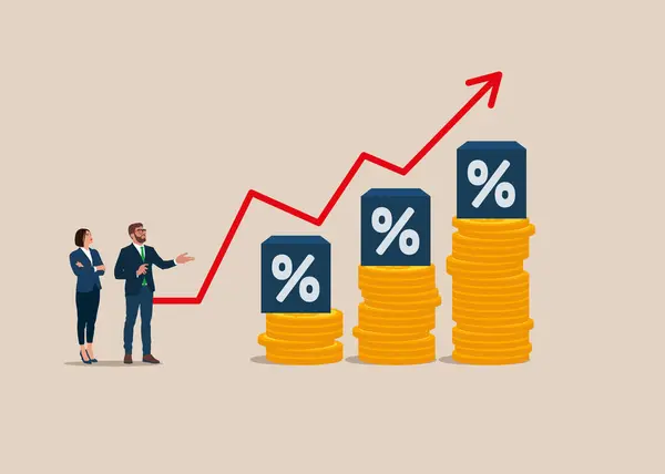 Dünya ekonomisi, enflasyon kontrolü, Amerikan doları enflasyonu. Kırmızı grafik oku. Düz vektör illüstrasyonu