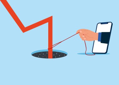 Telefonlu bir işadamı kara deliğe düşen bir ok çizelgesine yardım ediyor. Ekonomik durgunluk. Düz vektör illüstrasyonu