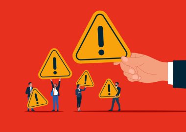 İşadamları ünlem işaretleriyle bekliyorlar. Takım çalışması ve problem çözme birliği. Düz biçimli vektör illüstrasyonu