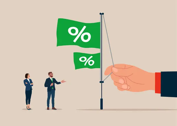 Business People Raises Flag Percentage Symbol Top Pole Fed Raises — Stock Vector