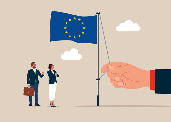 Business people and big hand human raising waving flag of European Union. Flat Vector illustration.