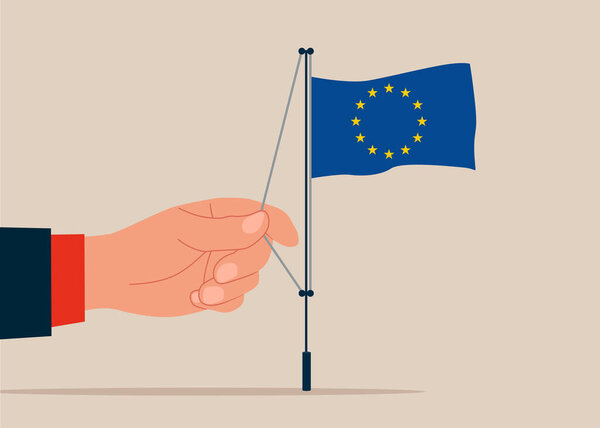 Hand businessman raising waving flag of European Union. Flat Vector illustration.