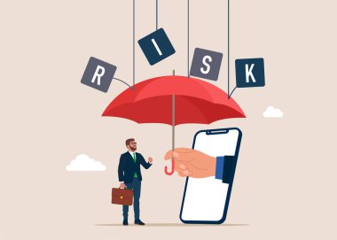 Koruma, güvenlik, koruma fikri. El ele tutuşmak, kırmızı şemsiyeyi riske karşı korur. Vektör illüstrasyonu