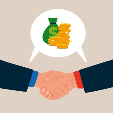 Pazarlık. Konuşma balonunda parası olan iş adamları. Vektör illüstrasyonu