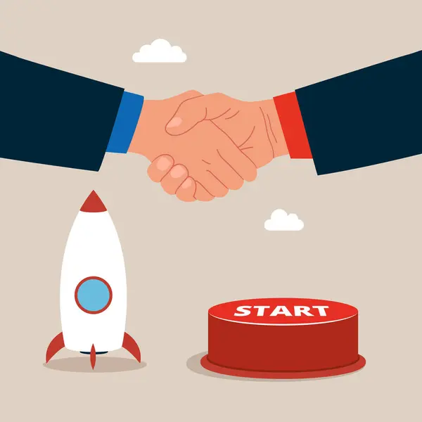 Handshake Start Button Innovative Rocket Launch Company Funding Startup Company — Stock Vector