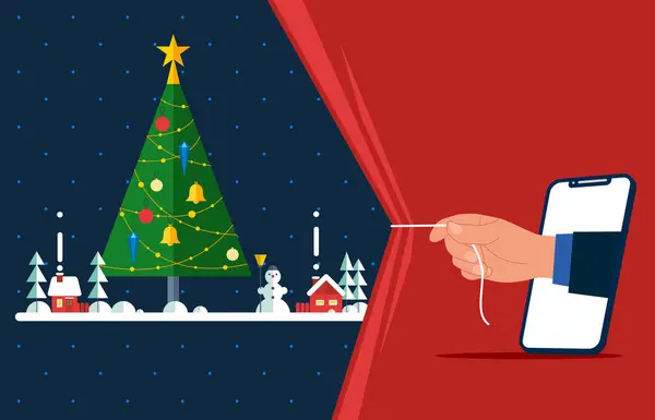 Mano Con Smartphone Tirando Tela Ligera Árbol Navidad Decoración Sobre — Archivo Imágenes Vectoriales