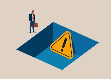 Bir ünlem işaretini izleyen bir işadamı boşlukta battı. Düz vektör illüstrasyonu.