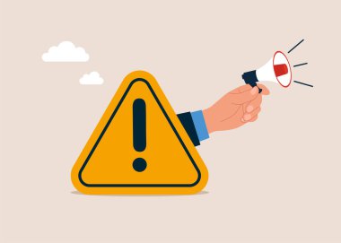 İnsan eli, hoparlörde ünlem işareti kullanıyor. Önemli haberler, tehlike durumu. Vektör illüstrasyonu