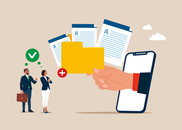 Деловые люди с файлами в большую папку. Хранение и индексация информации. Плоская векторная иллюстрация