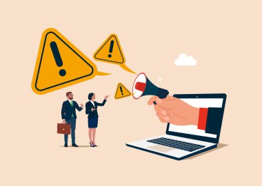 Hoparlörde büyük bir balon olayı ve ünlem işareti var. Vektör illüstrasyonu