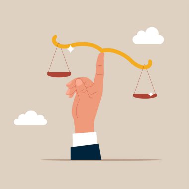 Liderlik için denge ve adalet. İş adamı etik teraziyi kaldırır. Düz vektör illüstrasyonu