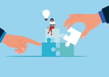 Yapboz elementlerini birleştiren insanlar. Takım çalışması. İş fırsatı ve ortaklık. Vektör illüstrasyonu