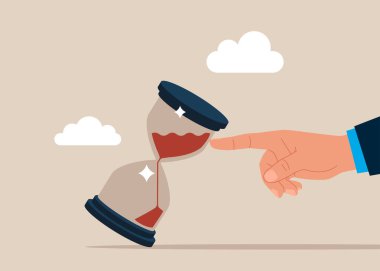 Proje bitiş tarihi, zaman yönetimi tükeniyor. Kum saati ya da kum saatini düşmeden durdurmaya çalışıyorum. Vektör illüstrasyonu