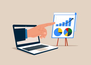 Dizüstü bilgisayardan dışarı adım atarak grafiği ve grafiği gösteriyor. Mali veri analizi raporu. Vektör illüstrasyonu