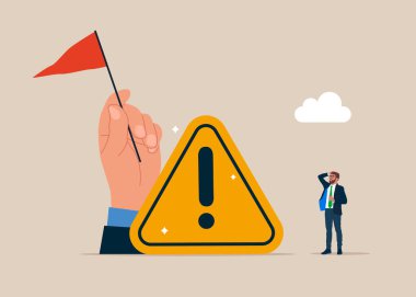 El işadamı, ünlem işaretinin arkasında duran bayrağı tutuyor. Vektör illüstrasyonu