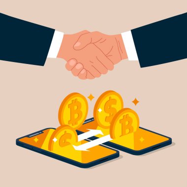 Akıllı telefonla dijital para değişimi. P2P, akranlardan Fintech 'e. Vektör illüstrasyonu.