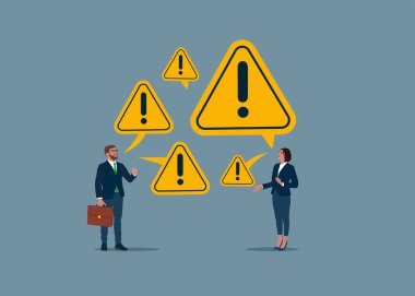 İş adamı ve kadın ünlem işareti ile olayları tartışıyor. Sorun, iş memnuniyeti yok, şirket lezyonu, olumsuz tavır.