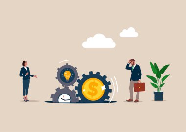 Başarısız uzun vadeli yatırım. Vites bir çukura düştü. Para kazanmak için çaba ve zaman. Düz biçimli modern vektör illüstrasyonu