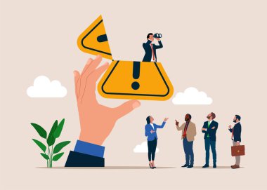 Açık ünlem işareti ve iş adamı arama sorunu çözmek için dürbün kullanıyor. Vektör illüstrasyonu