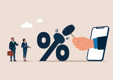 Çekiçle yere çivilenmiş yüzde işareti koyuyorlar. Merkez Bankası 'nın düşük faiz oranı. Düz vektör illüstrasyonu