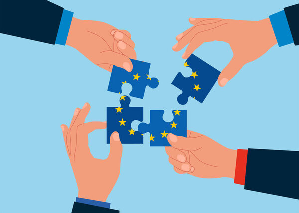 Connecting puzzle elements flag of European Union. Teamwork concept. Vector illustration