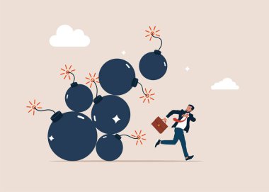 Hüsrana uğramış işadamı çöken bomba yığınından kaçıyor. Sorun, tehlikeli bir durum. Düz vektör illüstrasyonu