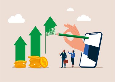 Büyük bir el yeşil bir kalem tutarak akıllı telefon ekranından dışarı adım ve Graph ile Finans büyüme oku çizmek. Düz vektör illüstrasyonu