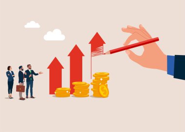 Verileri, kârı ve şirketin büyümesini analiz edin. Grafik ile finansal büyüme oku. Düz vektör illüstrasyonu.