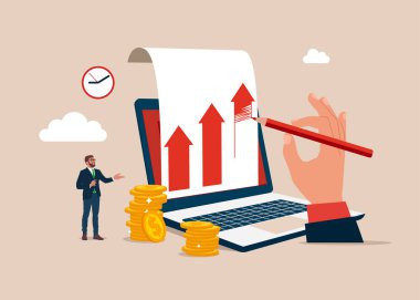 Verileri analiz et. Finansal özgürlük, para kazanma kavramı. Grafik ile finansal büyüme oku. Vektör illüstrasyonu.