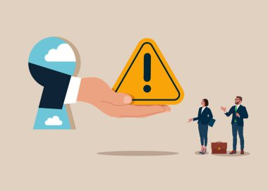 Patron el, ünlem işareti işadamlarına dikkat et. Olay yönetimi, kök nedeni analizi ya da problem çözme. Düz vektör illüstrasyonu.