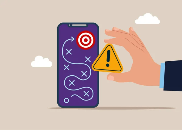 stock vector Worst interface application working with digital online plan on smartphone with errors. Giving incident with exclamation attention sign. Vector illustration in flat style