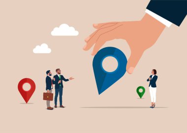 El, Location Pin ile birlikte büyük taşır. İş yerini değiştir. Varış noktası olarak konum hizmetleri. Düz vektör illüstrasyonu