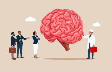 Küçük insanlar doktor ve hastalar insan beyni hakkında tartışıyor. İnsan beyni mi? İnsan beyni anatomisi. Organlar sembolü. Düz vektör illüstrasyonu