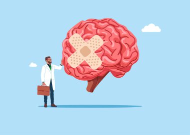 Doktorun elinde büyük bir işaret var. İnsan beyni ve yara bandı. Düz vektör illüstrasyonu.