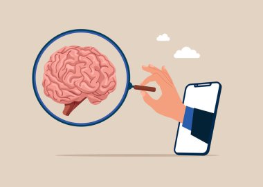 Analizci. Cep telefonu ekranından dışarı adım atıp, elinde büyüteç zum tutarak beyne bakıyorsun. Düz vektör illüstrasyonu