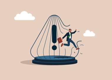 Sorunlardan kaçmak. İş adamı kafesi açıyor. Büyük ünlem işareti. Hapishaneden kaçmak. Vektör illüstrasyonu.