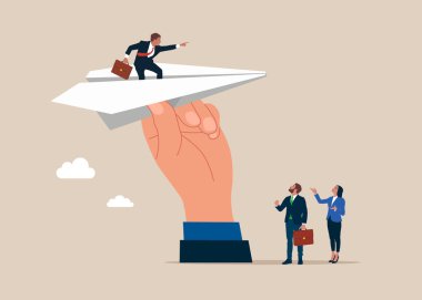 Kağıt uçak tutuyorum. Başla, hedef al, fırlatma konsepti. Düz vektör illüstrasyonu