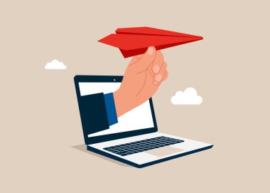 Kırmızı kağıt uçak elinde. İş, uçuş, teslimat, seyahat. Düz vektör illüstrasyonu