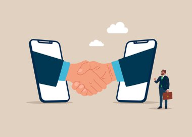 Dijital tabletle tokalaşın. Başarılı bir iş anlaşması. Düz vektör illüstrasyonu