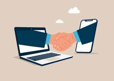 Dijital akıllı telefon ve dizüstü bilgisayarla tokalaşın. Başarı iletişimi, iş anlaşması, ortaklık anlaşması. Düz vektör illüstrasyonu