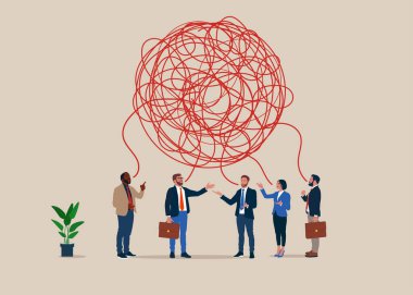 Skandal, sinir krizi, sinir krizi. İş arkadaşı konuşma baloncuklarıyla iş hakkında konuşuyor. Stresli koşullar ve iş adamlarının baskısı altında. Vektör illüstrasyonu.