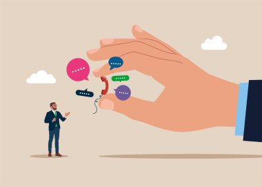 Modern yaşam tarzı. Küçücük bir telefonu tutan kocaman bir el. İletişim, e-posta, online sohbet. Düz vektör illüstrasyonu.