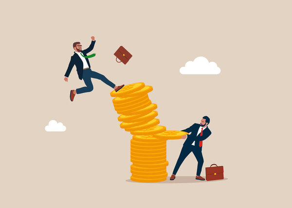 Бизнесмен вытаскивает деньги из стопки монет, что приводит к падению инвестора. Банкротство из-за коррупции или мошенничества. Потеря денег. Плоская векторная иллюстрация