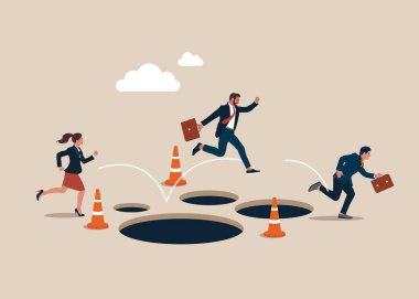 İş adamları iş başarısı elde etmek için birçok engeli aştı. Düz vektör illüstrasyonu