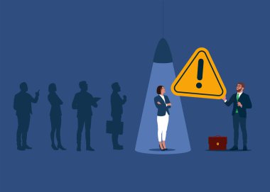 İş adamı büyük bir ünlem işareti tutuyor. Uygun olmayan kadın aday. Düz vektör illüstrasyonu