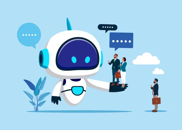 İş ekibi robotlarla sohbet ediyor, sorular soruyor ve cevaplar alıyor. Düz vektör illüstrasyonu