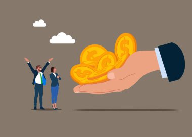 Good online earnings. Big hand showing and offer salary up, growth to employees. Begin savings to achieve financial goal. Flat vector illustration clipart