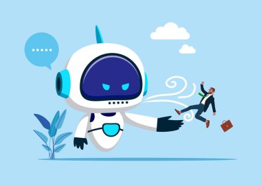 Yardımı reddetmek. Robot insanları fırlatıp attı. İşsiz. Düz vektör illüstrasyonu