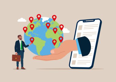 Küresel çevrimiçi iş büyümesi, dünya çapında internet büyütme işi. Vektör illüstrasyonu