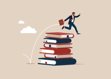 İş adamı yüksek kitap yığınının üzerinden atlıyor. Eğitim ve yeni yetenekler. Düz vektör illüstrasyonu
